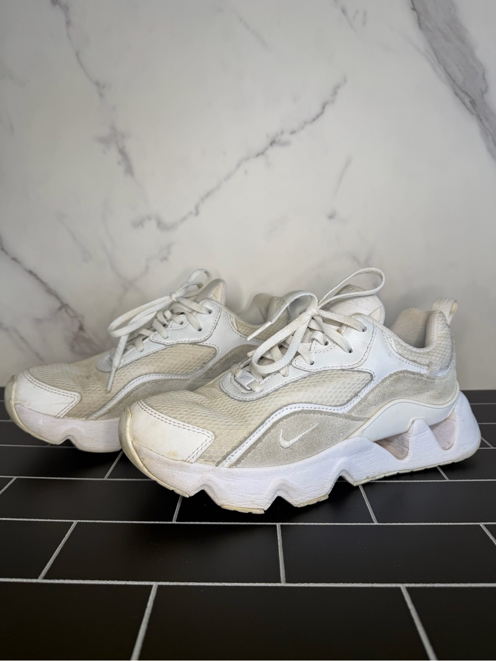 Nike Women’s White and Light Gray Chunky Mesh Sneakers